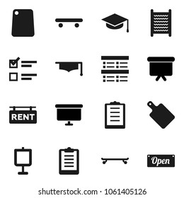 Flat vector icon set - washboard vector, cutting board, graduate hat, presentation, exam, clipboard, skateboard, rent signboard, open