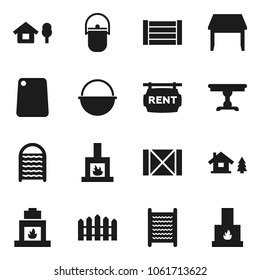 Flat vector icon set - washboard vector, camping cauldron, cutting board, wood box, chalet, fence, rent signboard, table, fireplace