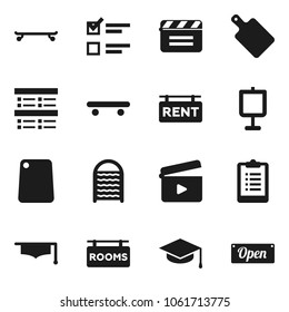 Flat vector icon set - washboard vector, cutting board, graduate hat, presentation, exam, clipboard, skateboard, cinema clap, rent signboard, rooms, open