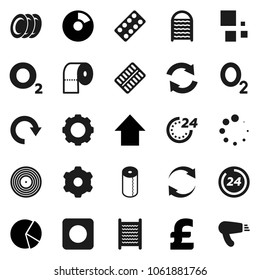 Flat vector icon set - washboard vector, toilet paper, plates, pie graph, arrow up, pound, oxygen, disk, rec button, pills blister, gear, refresh, redo, loading, 24 hour, hair dryer