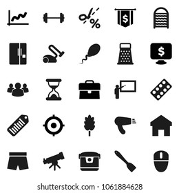 Flat vector icon set - washboard vector, spatula, grater, cereal, blackboard, telescope, graph, case, target, dollar flag, monitor, barbell, shorts, barcode, group, sand clock, pills blister, sperm