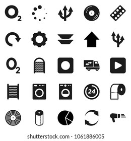 Flat vector icon set - washboard vector, toilet paper, plates, pie graph, arrow up, oxygen, disk, play button, rec, pills blister, gear, refresh, redo, loading, route, relocation truck, 24 hour