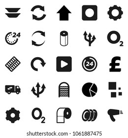 Flat vector icon set - washboard vector, toilet paper, plates, pie graph, arrow up, pound, oxygen, play button, rec, pills blister, gear, refresh, redo, loading, route, relocation truck, 24 hour