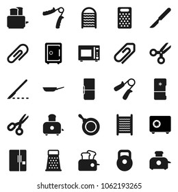 Flat vector icon set - washboard vector, pan, grater, toaster, microwave oven, scissors, safe, weight, hand trainer, scalpel, attachment, fridge