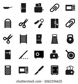 Flat vector icon set - washboard vector, pan, grater, toaster, microwave oven, scissors, safe, weight, hand trainer, scalpel, attachment, fridge