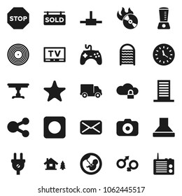 Flat vector icon set - washboard vector, delivery, clock, disk, music hit, camera, gamepad, tv, favorites, mail, rec button, gender sign, pregnancy, connect, cloud lock, share, stop, chalet, table