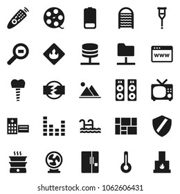 Flat vector icon set - washboard vector, consolidated cargo, flammable, search, film spool, equalizer, remote control, battery, thermometer, crutches, hospital building, tooth implant, server, pool