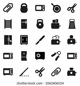 Flat vector icon set - washboard vector, pan, grater, toaster, microwave oven, scissors, safe, weight, hand trainer, scalpel, attachment, fridge