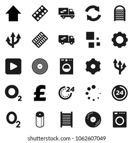 Flat vector icon set - washboard vector, toilet paper, arrow up, pound, oxygen, disk, play button, pills blister, gear, refresh, loading, route, relocation truck, 24 hour, washer