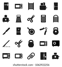 Flat vector icon set - washboard vector, pan, grater, toaster, microwave oven, scissors, safe, weight, hand trainer, scalpel, attachment, fridge
