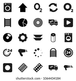 Flat vector icon set - washboard vector, toilet paper, plates, pie graph, arrow up, oxygen, disk, play button, rec, pills blister, gear, refresh, loading, relocation truck, 24 hour, washer
