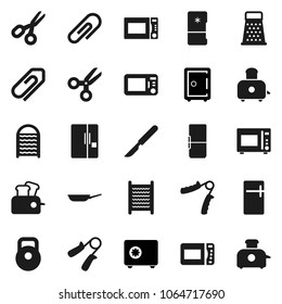 Flat vector icon set - washboard vector, pan, grater, toaster, microwave oven, scissors, safe, weight, hand trainer, scalpel, attachment, fridge
