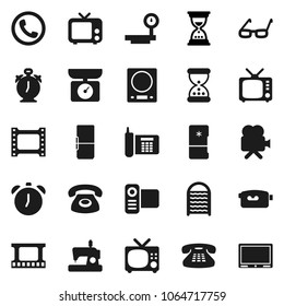 Flat vector icon set - washboard vector, glasses, alarm clock, sand, phone, big scales, film frame, tv, video camera, classic, fridge, kitchen, sewing machine