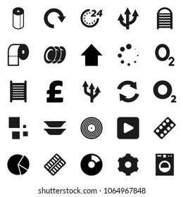 Flat vector icon set - washboard vector, toilet paper, plates, pie graph, arrow up, pound, oxygen, disk, play button, pills blister, gear, refresh, redo, loading, route, 24 hour, washer