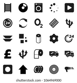 Flat vector icon set - washboard vector, toilet paper, plates, pie graph, arrow up, pound, oxygen, disk, play button, rec, pills blister, gear, refresh, loading, route, relocation truck, 24 hour