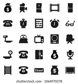 Flat vector icon set - washboard vector, kettle, glasses, alarm clock, abacus, money bag, phone, big scales, film frame, tv, video camera, microphone, classic, fridge, closed, kitchen