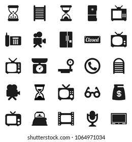 Flat vector icon set - washboard vector, kettle, glasses, sand clock, phone, big scales, film frame, tv, video camera, microphone, fridge, money bag, closed, kitchen