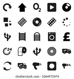 Flat vector icon set - washboard vector, toilet paper, pie graph, arrow up, pound, oxygen, disk, play button, rec, pills blister, refresh, redo, loading, route, relocation truck, 24 hour, washer