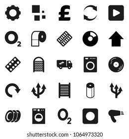 Flat vector icon set - washboard vector, toilet paper, plates, pie graph, arrow up, pound, oxygen, disk, play button, rec, pills blister, gear, refresh, redo, loading, route, relocation truck