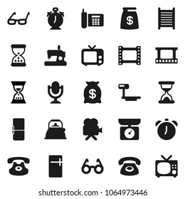 Flat vector icon set - washboard vector, kettle, glasses, alarm clock, sand, phone, big scales, film frame, tv, video camera, microphone, classic, fridge, money bag, kitchen, sewing machine