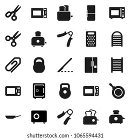 Flat vector icon set - washboard vector, pan, grater, toaster, microwave oven, scissors, safe, weight, hand trainer, scalpel, attachment, fridge