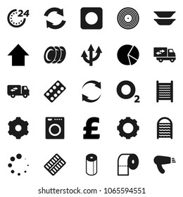 Flat vector icon set - washboard vector, toilet paper, plates, pie graph, arrow up, pound, oxygen, disk, rec button, pills blister, gear, refresh, loading, route, relocation truck, 24 hour, washer