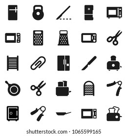 Flat vector icon set - washboard vector, pan, grater, toaster, microwave oven, scissors, safe, weight, hand trainer, scalpel, attachment, fridge
