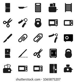 Flat vector icon set - washboard vector, pan, grater, toaster, microwave oven, scissors, safe, weight, hand trainer, scalpel, attachment, fridge