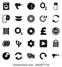 Flat vector icon set - washboard vector, toilet paper, plates, pie graph, pound, oxygen, disk, play button, gear, refresh, redo, route arrow, relocation truck, 24 hour, washer, hair dryer