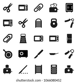 Flat vector icon set - washboard vector, pan, grater, toaster, microwave oven, scissors, safe, weight, hand trainer, scalpel, attachment, fridge