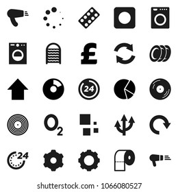 Flat vector icon set - washboard vector, toilet paper, plates, pie graph, arrow up, pound, oxygen, disk, rec button, pills blister, gear, refresh, redo, loading, route, 24 hour, washer, hair dryer