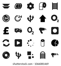 Flat vector icon set - washboard vector, toilet paper, plates, pie graph, arrow up, pound, oxygen, disk, play button, rec, gear, refresh, loading, route, relocation truck, 24 hour, hair dryer