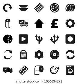 Flat vector icon set - washboard vector, toilet paper, plates, pie graph, arrow up, pound, disk, play button, rec, pills blister, gear, refresh, redo, route, relocation truck, 24 hour, washer