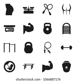 Flat vector icon set - washboard vector, barbell, weight, jump rope, horizontal bar, muscule hand, buttocks, pregnancy, store scales, epilator