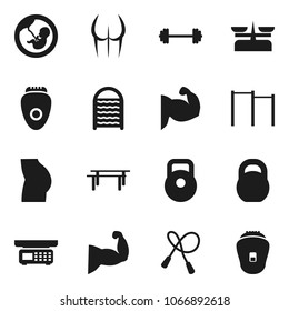 Flat vector icon set - washboard vector, barbell, weight, jump rope, horizontal bar, muscule hand, buttocks, pregnancy, store scales, epilator