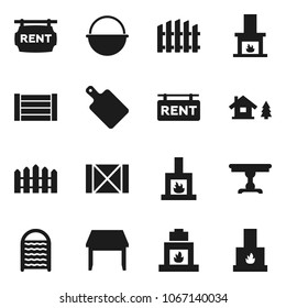 Flat vector icon set - washboard vector, camping cauldron, cutting board, wood box, chalet, fence, rent signboard, table, fireplace
