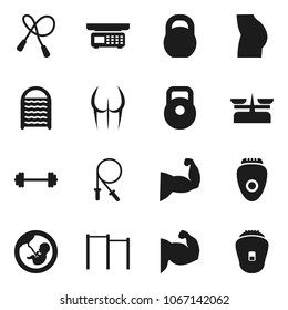 Flat vector icon set - washboard vector, barbell, weight, jump rope, horizontal bar, muscule hand, buttocks, pregnancy, store scales, epilator