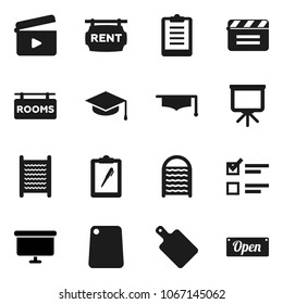 Flat vector icon set - washboard vector, cutting board, graduate hat, presentation, exam, clipboard, cinema clap, rent signboard, rooms, open