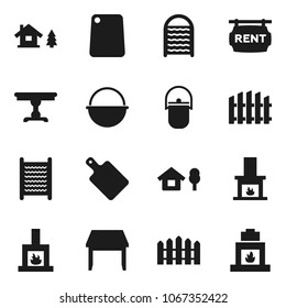 Flat vector icon set - washboard vector, camping cauldron, cutting board, chalet, fence, rent signboard, table, fireplace