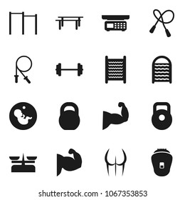 Flat vector icon set - washboard vector, barbell, weight, jump rope, horizontal bar, muscule hand, buttocks, pregnancy, store scales, epilator