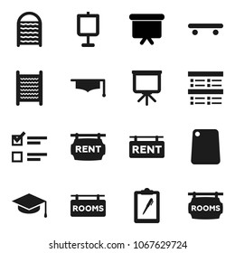 Flat vector icon set - washboard vector, cutting board, graduate hat, presentation, exam, skateboard, clipboard, rent signboard, rooms