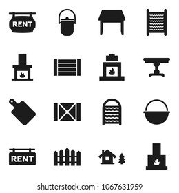 Flat vector icon set - washboard vector, camping cauldron, cutting board, wood box, chalet, fence, rent signboard, table, fireplace