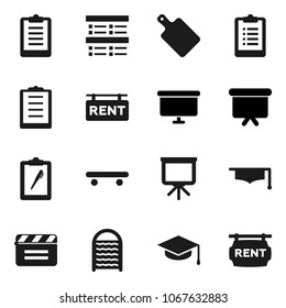 Flat vector icon set - washboard vector, cutting board, graduate hat, presentation, exam, clipboard, skateboard, cinema clap, rent signboard