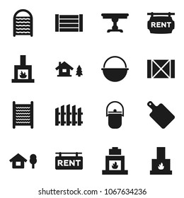 Flat vector icon set - washboard vector, camping cauldron, cutting board, wood box, chalet, fence, rent signboard, table, fireplace
