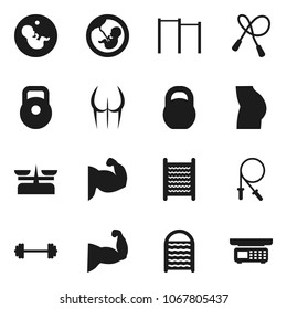 Flat vector icon set - washboard vector, barbell, weight, jump rope, horizontal bar, muscule hand, buttocks, pregnancy, store scales