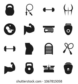 Flat vector icon set - washboard vector, barbell, weight, jump rope, muscule hand, buttocks, pregnancy, store scales, epilator