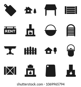 Flat vector icon set - washboard vector, camping cauldron, cutting board, wood box, chalet, fence, rent signboard, table, fireplace