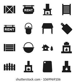 Flat vector icon set - washboard vector, camping cauldron, cutting board, wood box, chalet, fence, rent signboard, table, fireplace