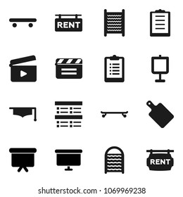 Flat vector icon set - washboard vector, cutting board, graduate hat, presentation, exam, clipboard, skateboard, cinema clap, rent signboard