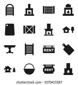 Flat vector icon set - washboard vector, camping cauldron, cutting board, wood box, chalet, rent signboard, table, fireplace
